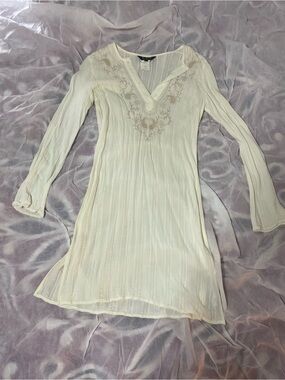 Allen B. By Allen Schwartz Cream Embroidered V-Neck Long Sleeve Dress